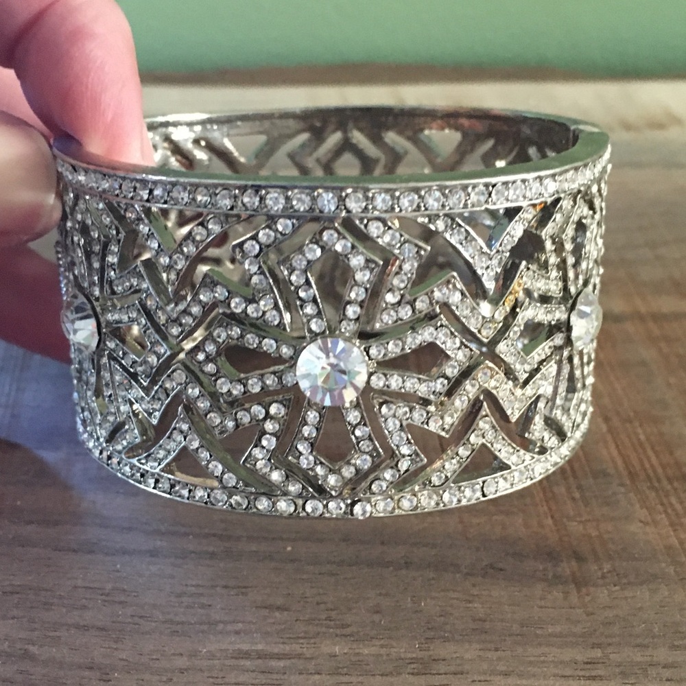 Silver rhinestone wide cuff bracelet.